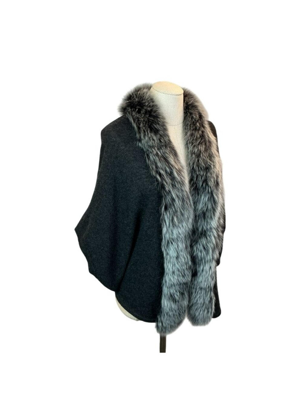 Magaschoni 100% Cashmere Cape With Fox Fur Trim Womens 2 Gray - Picture 8 of 13
